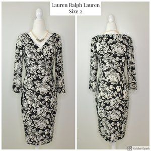 Ralph Lauren Ruched Fitted Long Sleeve Dress Sz 2 Midi Black White Sheath Empire